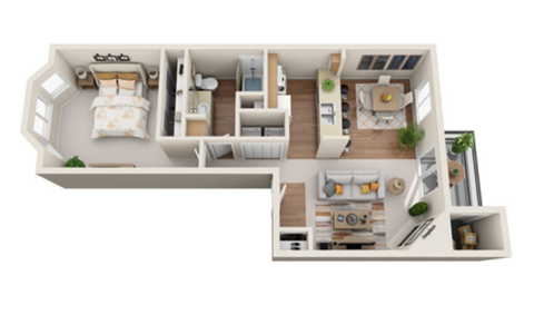 Floor plan for 1 bed, 1 bath, 743 sqft